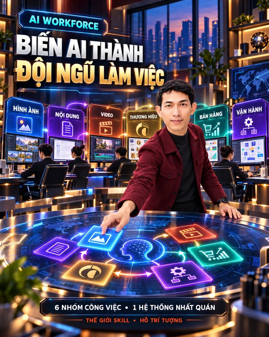 Hồ Trí Tượng giới thiệu hệ thống AI Workforce: biến AI thành đội ngũ làm việc qua 6 nhóm công việc — hình ảnh, nội dung, video, thương hiệu, bán hàng, vận hành.